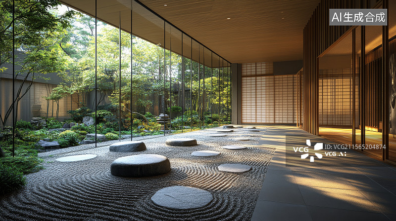 【AI数字艺术】现代日式庭院室内设计图片素材