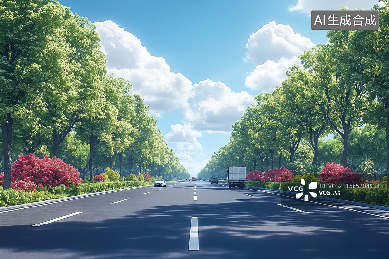 【AI数字艺术】高速公路两旁绿树成荫图片素材
