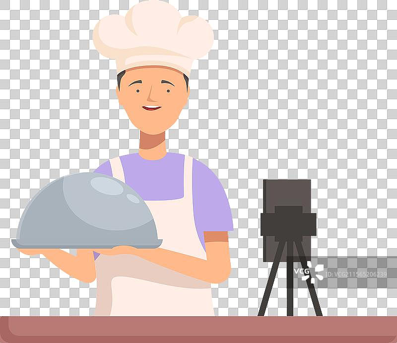 微笑的厨师展示菜肴，旁边有摄影设备图片素材