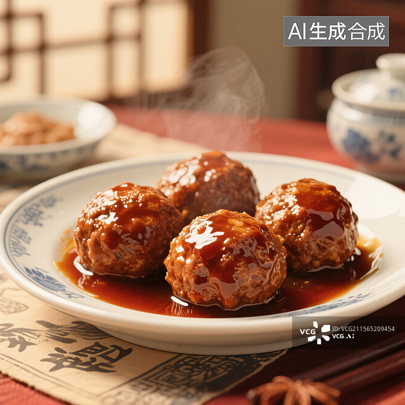 【AI数字艺术】暖色调下的传统四喜丸子图片素材