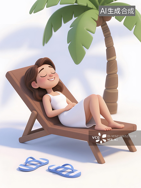 【AI数字艺术】3D插画椰子树下躺椅上休憩的女性图片素材