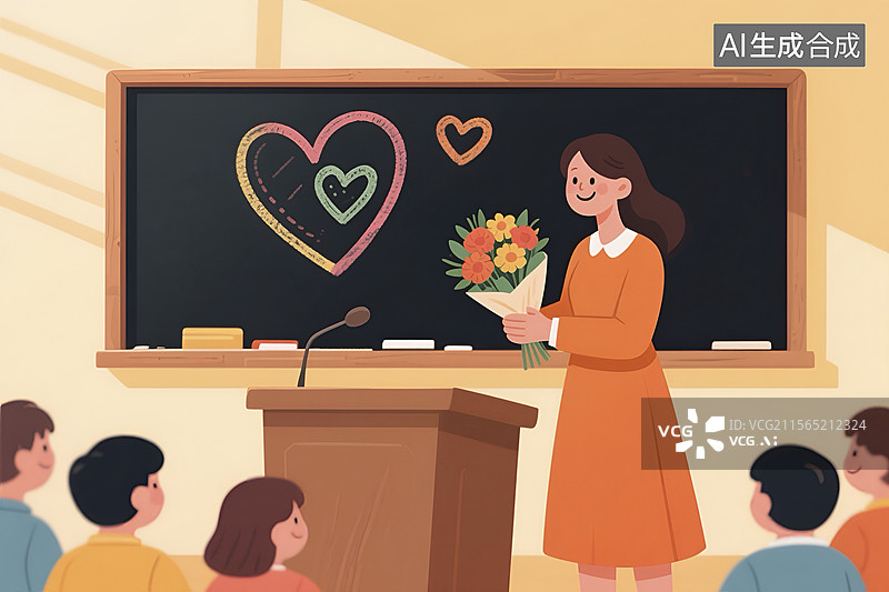 【AI数字艺术】学生向老师献花的教室场景插画图片素材