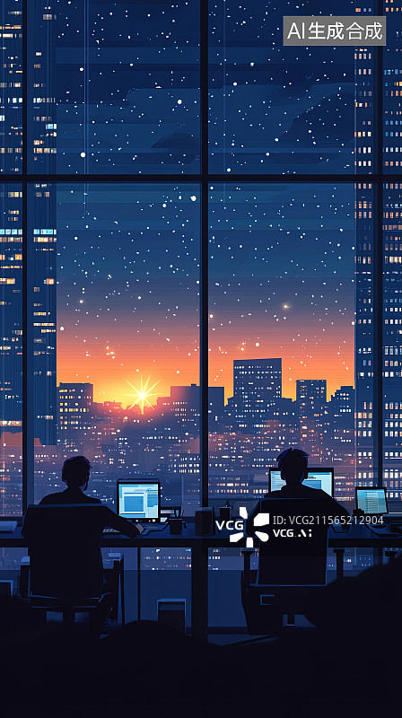 【AI数字艺术】地球一小时海报夜晚写字楼里的人们在窗前俯瞰城市夜景图片素材