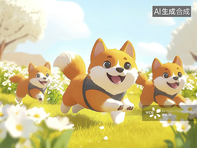 【AI数字艺术】田野里奔跑的柴犬幼崽图片素材
