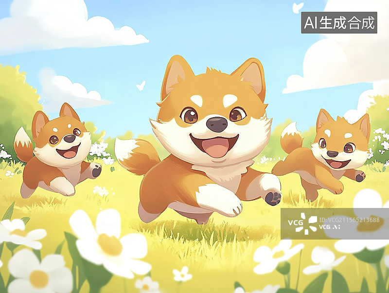 【AI数字艺术】田野里奔跑的柴犬幼崽图片素材