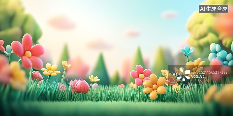 【AI数字艺术】卡通风格春天的绿草地和花朵插画图片素材