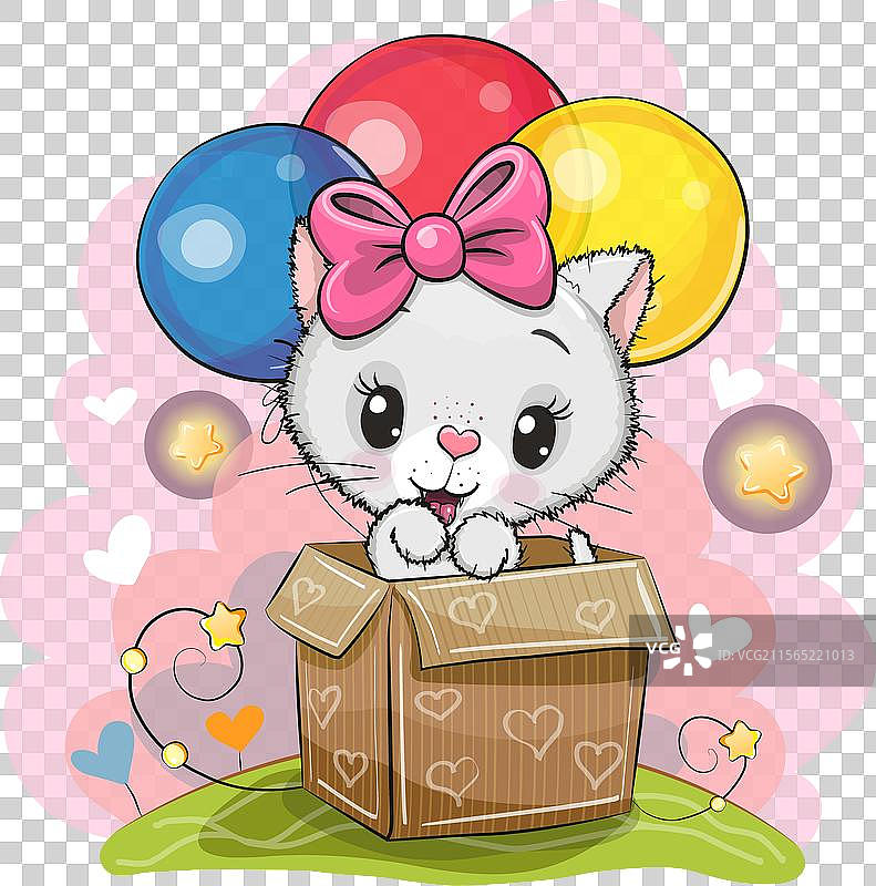 卡通白色小猫在装有气球的盒子里图片素材
