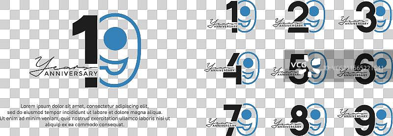 一套周年纪念标志风格，扁平化黑色和蓝色设计图片素材