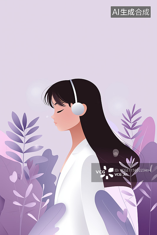 【AI数字艺术】戴着耳机的女性在植物背景中图片素材