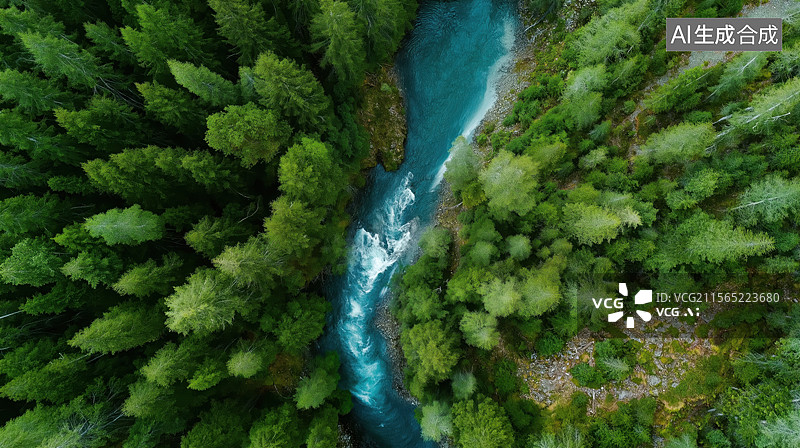 【AI数字艺术】俯瞰森林中的蜿蜒河流图片素材