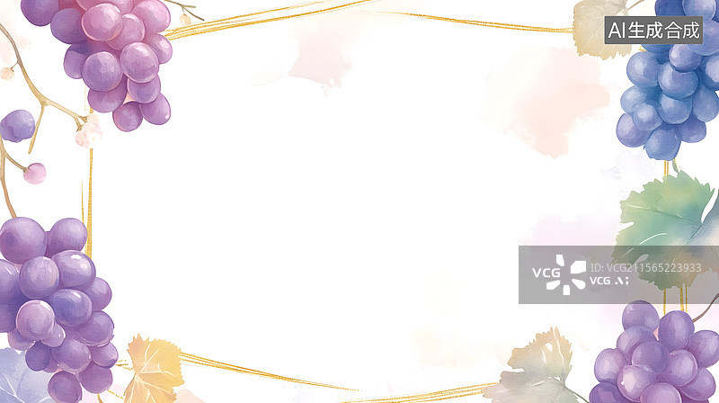 【AI数字艺术】葡萄水彩金边装饰画图片素材