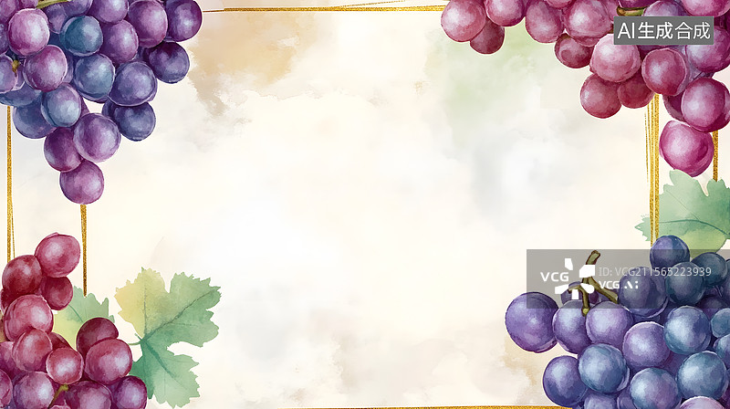 【AI数字艺术】葡萄水彩金边装饰画图片素材