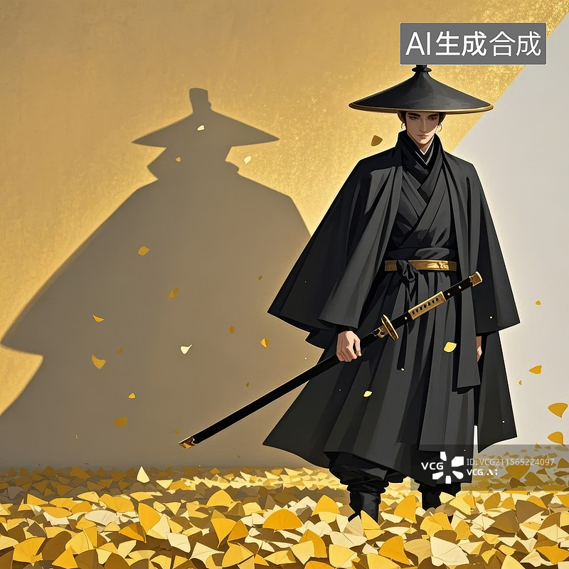 【AI数字艺术】身穿传统服饰的武士手持剑站在金色落叶中图片素材