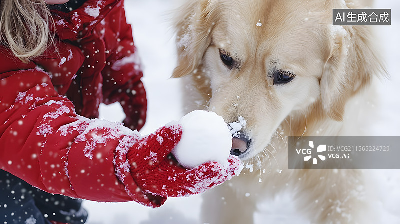 【AI数字艺术】小女孩和柯基犬雪中初次玩耍的温馨场景图片素材