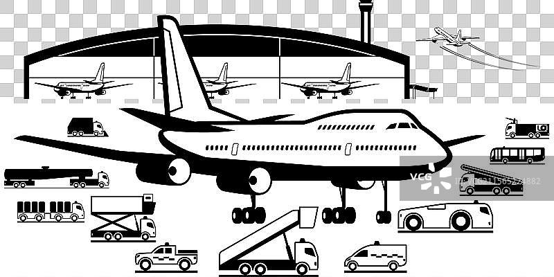 机场维护车辆在飞机周围图片素材