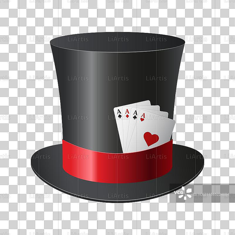 黑色高顶帽与一扇扑克牌图片素材