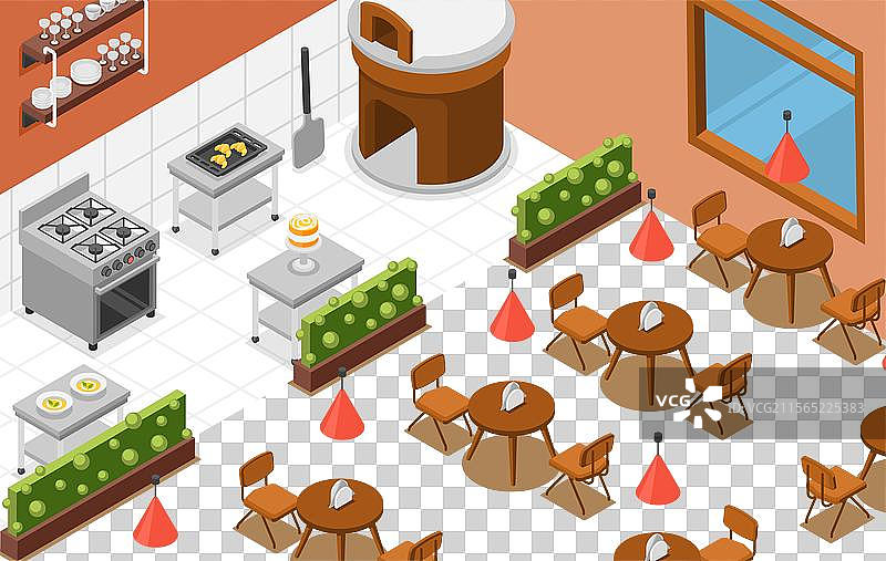 等距视角的自助餐厅比萨店内部设计图片素材