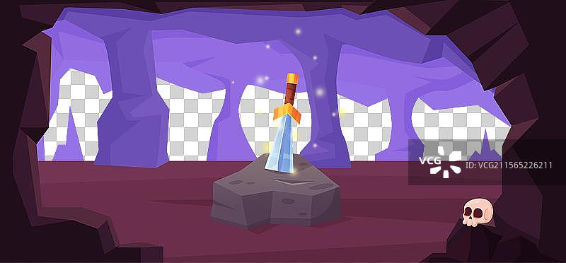 中世纪童话场景中的石头里的剑与洞穴图片素材