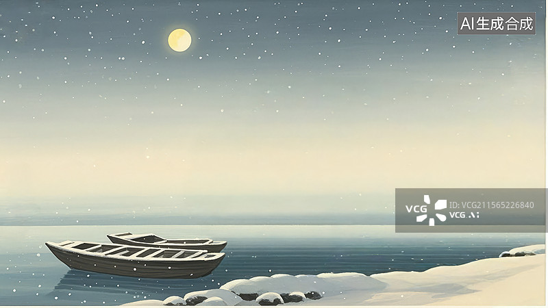 【AI数字艺术】水墨画居下1月夜下的小船图片素材