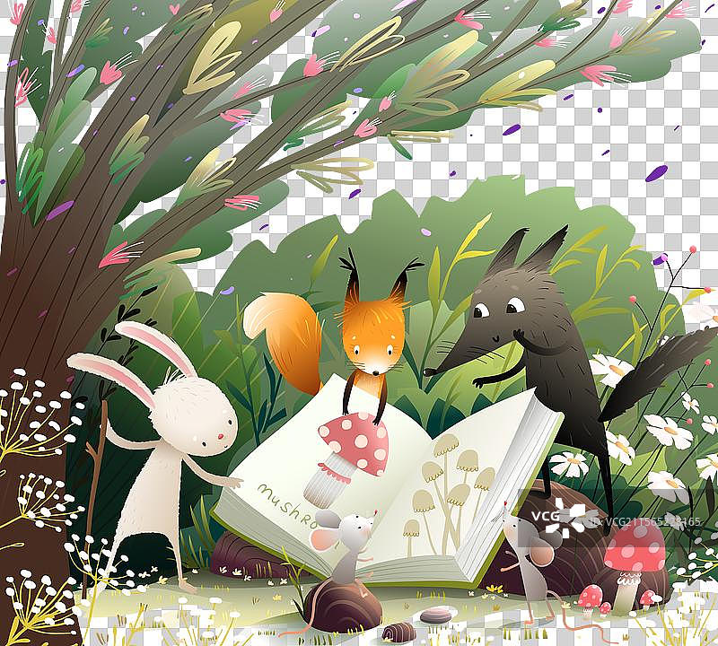 孩子们在森林大自然中与动物一起阅读和学习书籍图片素材