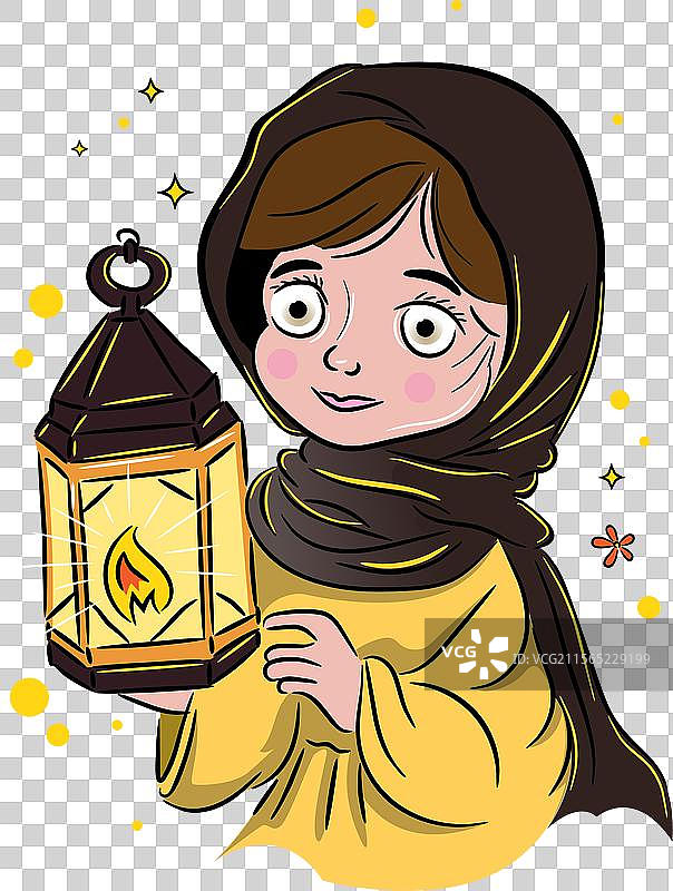 小穆斯林女孩手持一盏灯的线条画图片素材