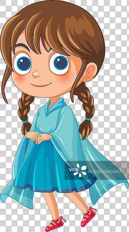 穿着流动蓝色裙子的辫子卡通女孩图片素材