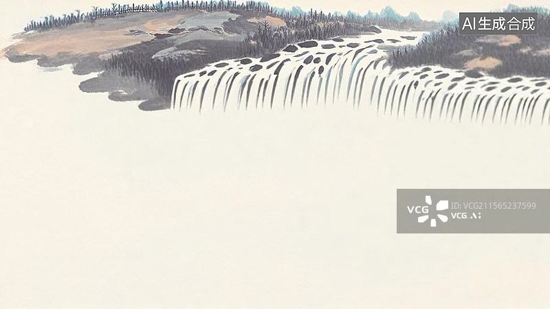 【AI数字艺术】水墨画居上1瀑布从悬崖上倾泻而下的景象图片素材