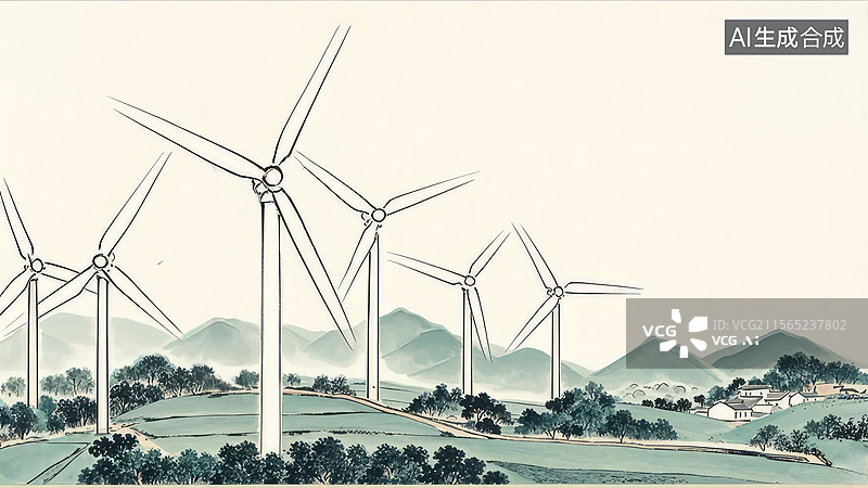 【AI数字艺术】水墨画居下1水墨画风格的风力发电机图片素材