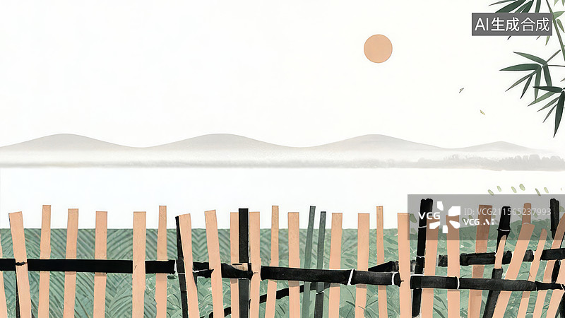 【AI数字艺术】水墨画居下1竹篱笆与山水景观图片素材