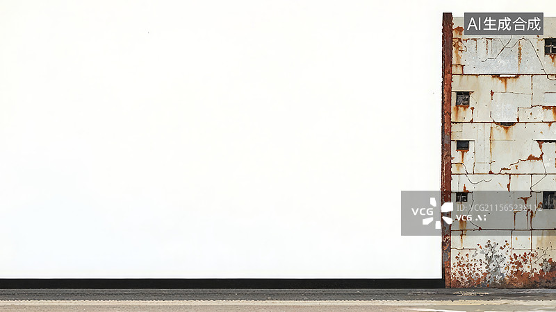 【AI数字艺术】水墨画居右1白色墙壁与锈迹斑斑的金属门图片素材