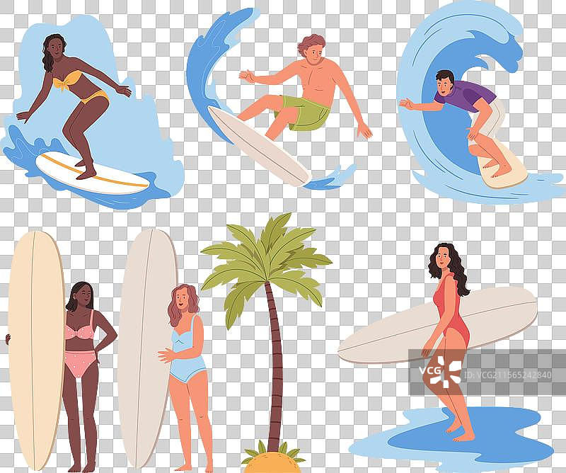 穿泳衣的冲浪者在海中冲浪图片素材