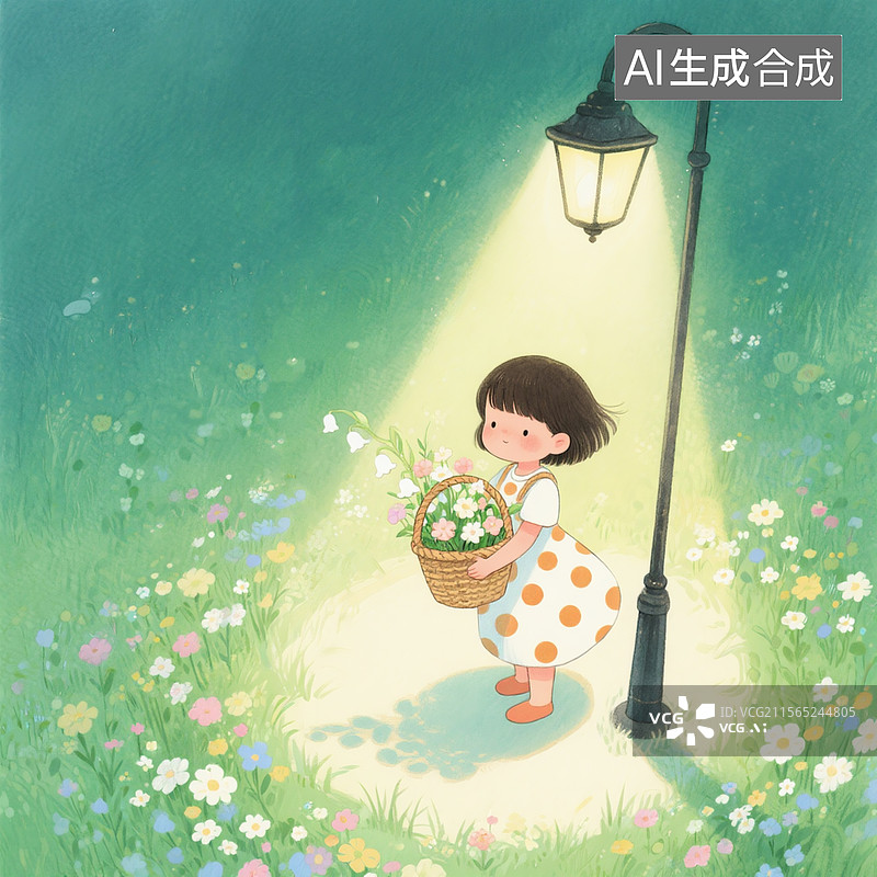【AI数字艺术】儿童插画，铃兰路灯下站着一位齐刘海女孩。图片素材