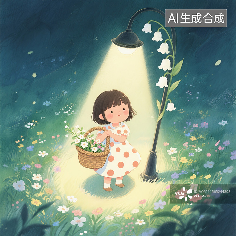 【AI数字艺术】儿童插画，铃兰路灯下站着一位齐刘海女孩。图片素材
