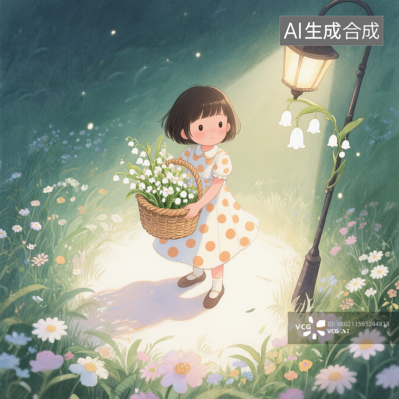 【AI数字艺术】儿童插画，铃兰路灯下站着一位齐刘海女孩。图片素材