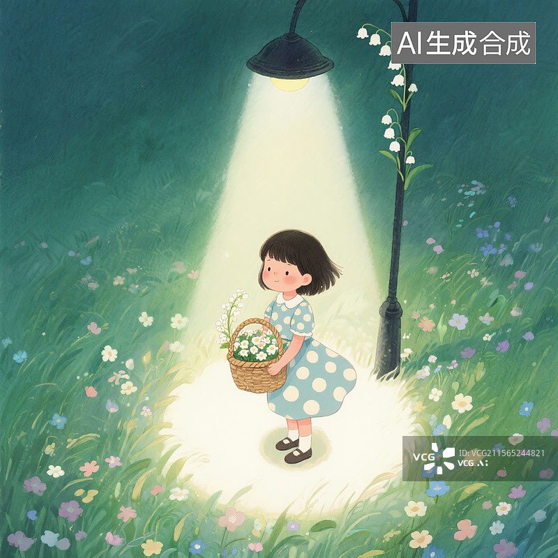 【AI数字艺术】儿童插画，铃兰路灯下站着一位齐刘海女孩。图片素材