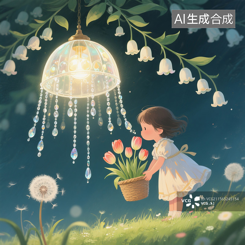 【AI数字艺术】夜晚插画，铃兰花灯垂下水晶珠帘光效，小女孩踮脚嗅花篮中郁金香图片素材