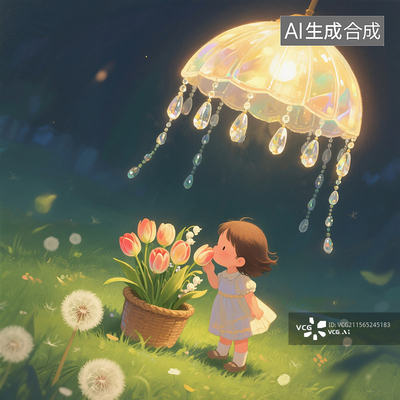【AI数字艺术】夜晚插画，铃兰花灯垂下水晶珠帘光效，小女孩踮脚嗅花篮中郁金香图片素材