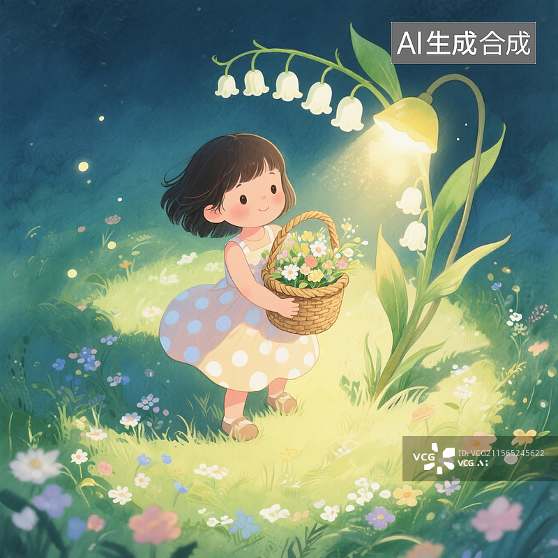 【AI数字艺术】儿童插画，一棵发光铃兰灯散发柔光晕染，齐刘海女孩提柳编花篮站立光晕中心图片素材