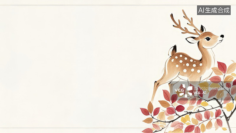 【AI数字艺术】水墨画居右-鹿跃秋叶图片素材