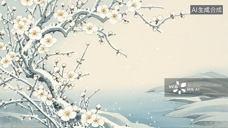 【AI数字艺术】水墨画居左1雪中盛开的梅花图片素材