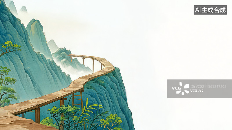 【AI数字艺术】水墨画居左1山间栈道图片素材
