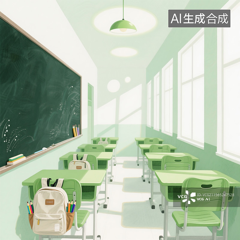 【AI数字艺术】清新场景，苹果绿桌椅整齐摆放，帆布书包挂在椅子靠背图片素材