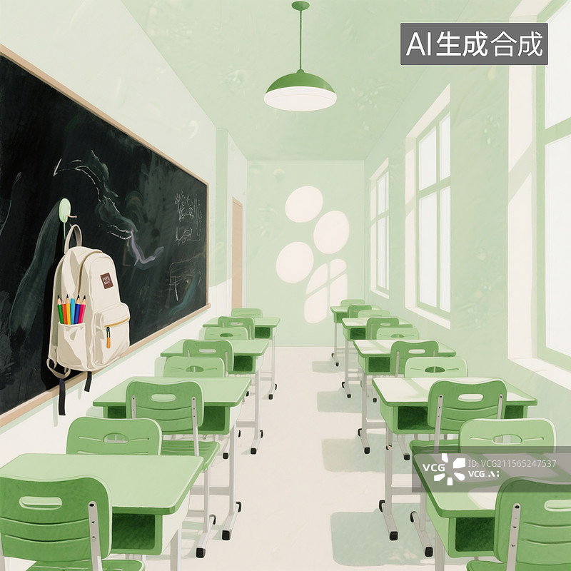 【AI数字艺术】清新场景，苹果绿桌椅整齐摆放，帆布书包挂在椅子靠背图片素材