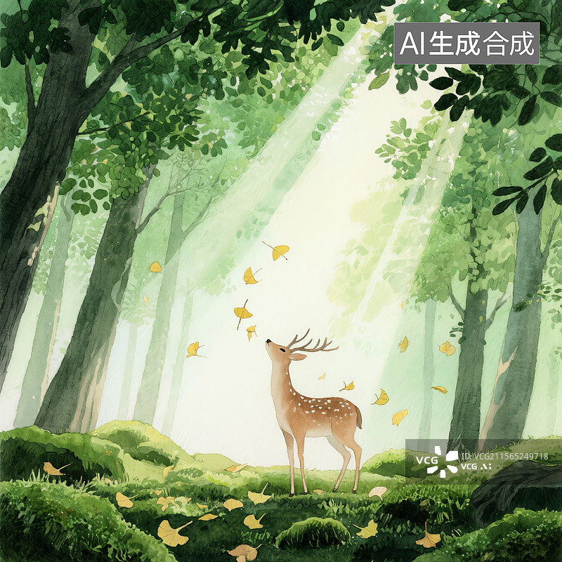 【AI数字艺术】林间治愈系插画，嫩绿与墨绿树叶交织成天然穹顶，光束穿透树隙洒在苔藓地，小鹿仰头凝望飘落的银杏叶图片素材