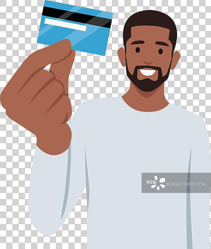 快乐的年轻商人展示信用卡和借记卡自动取款机图片素材