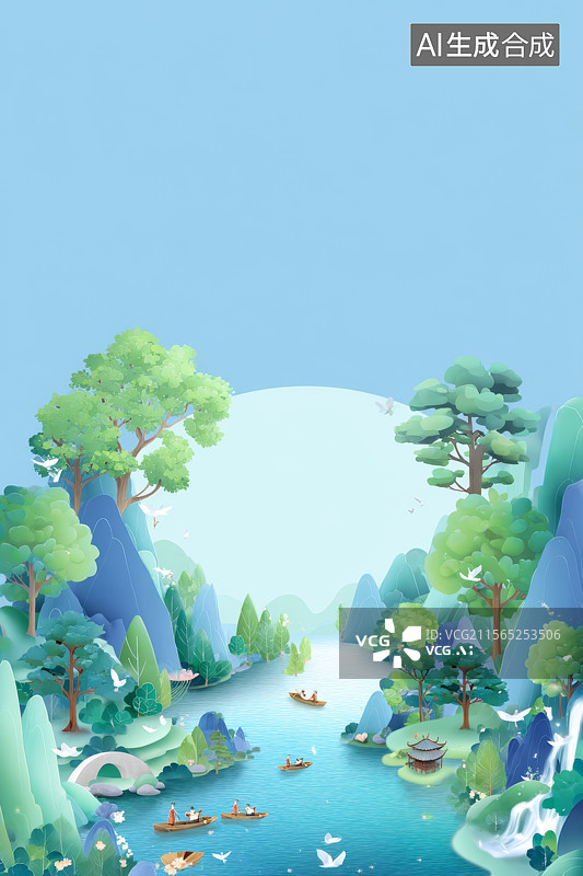 【AI数字艺术】国风山水意境三维插画背景图片素材