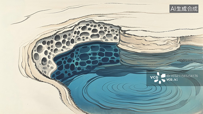 【AI数字艺术】抽象艺术中的蓝色水池与岩石图片素材