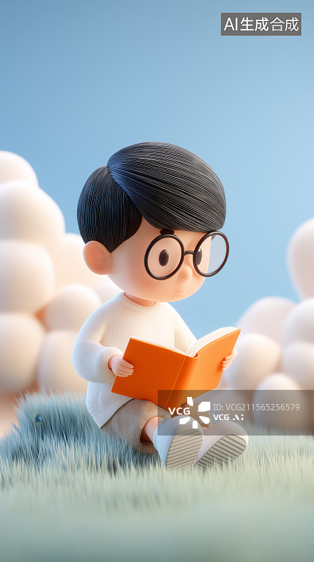 【AI数字艺术】世界读书日主题海报——一个可爱的儿童坐在草地上看书图片素材