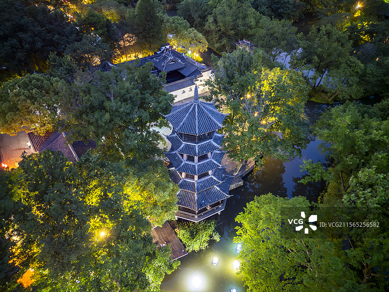 杭州西溪湿地蒋村河渚塔夜景航拍图片素材