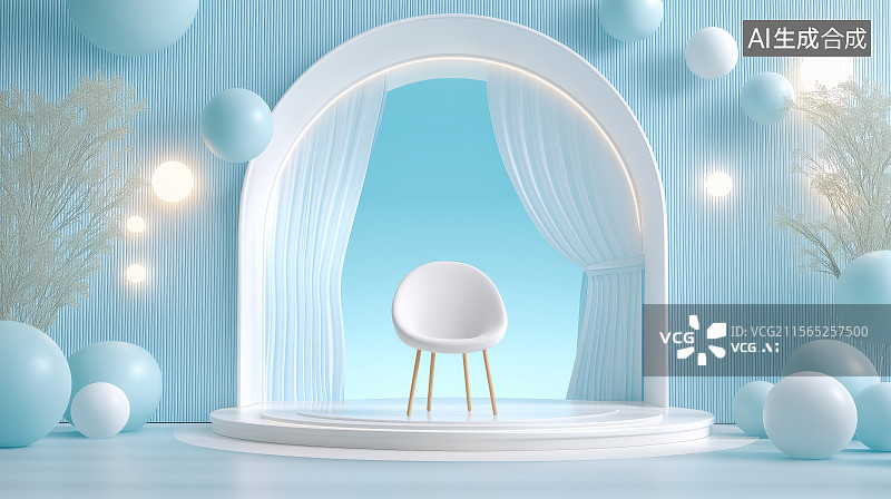 【AI数字艺术】清新电商背景——产品展台与白色扶手椅图片素材
